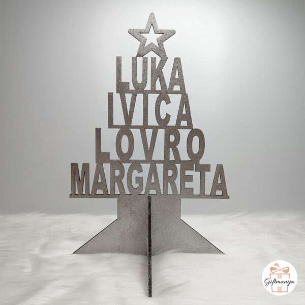 personalizirani božićni bor s imenima; drveni bor; božićni ukrasi; personalizirani božićni pokloni; drveni ukras, srebrni bor, unikatni drveni božićni ukras; poklon za obitelj; Giftmanija;
