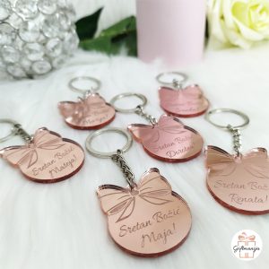 Rose gold ogledalo privjesci za ključeve u obliku božićne kuglice s mašnom i graviranim imenima