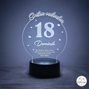 Personalizirana LED lampa za 18 rođendan s imenom Dominik i prigodnom posvetom koja svijetli