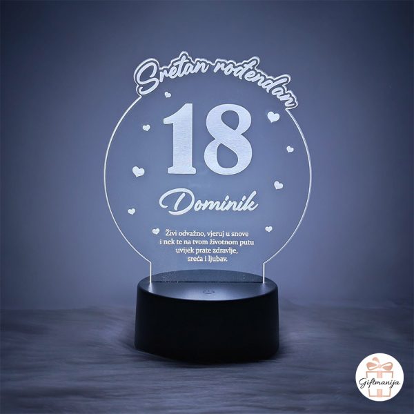 Personalizirana LED lampa za 18 rođendan s imenom Dominik i prigodnom posvetom koja svijetli