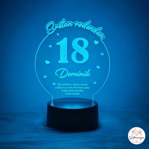 Personalizirana LED lampa za 18 rođendan s imenom Dominik i prigodnom posvetom koja svijetli
