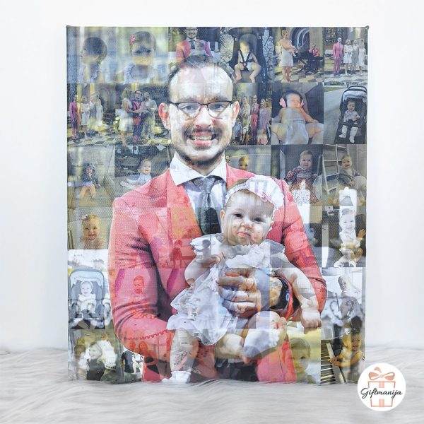 Mozaik fotografija poklon za kumu i kuma isprintana na platnu, izdaleka prikazuje portret kuma s djetetom, a izbliza se sastoji od stotina malih slika.