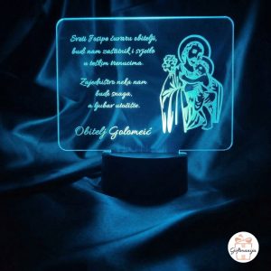 Personalizirana 3D LED Lampa Sveti Josip s molitvom i prezimenom obitelji, svijetli plavom bojom