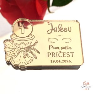 Personalizirane zlatne zrcalne zahvalnice za pričest kalež s hostijom i grožđem