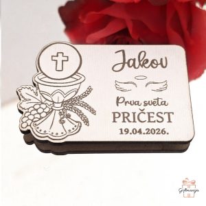 Personalizirane drvene zahvalnice za pričest kalež s graviranom hostijom, grožđem i pšenicom