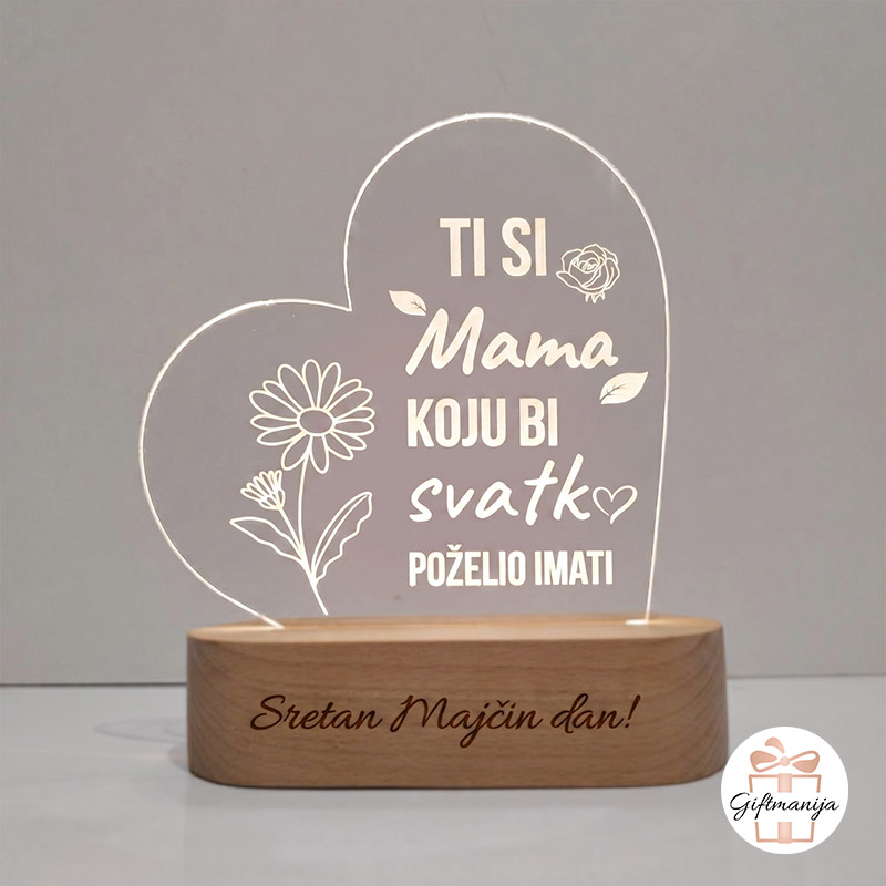 Personalizirana LED lampa srce za mamu s toplim svjetlom