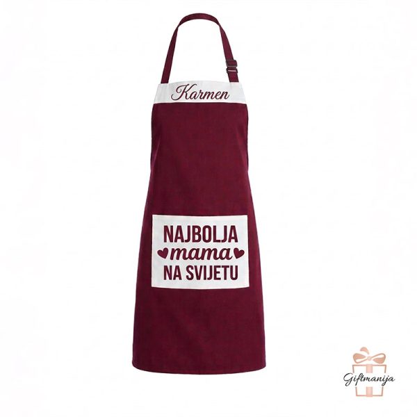 Bordo pregača za mamu s bijelim džepom na kojem piše Najbolja mama na svijetu i imenom na gornjem rubu
