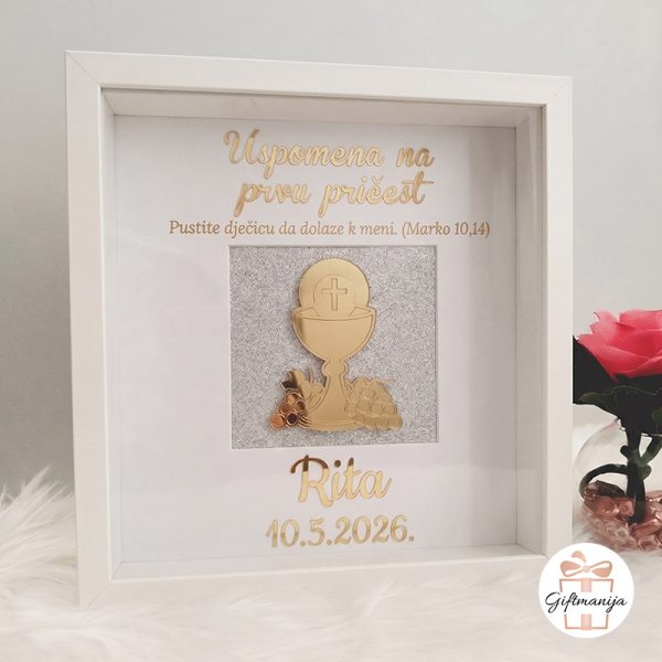 Personalizirani 3D okvir za prvu pričest s imenom Rita, datumom 10.5.2026., zlatnim laserom rezanim kaležom, srebrnim šljokicama i biblijskim citatom (Marko 10,14)