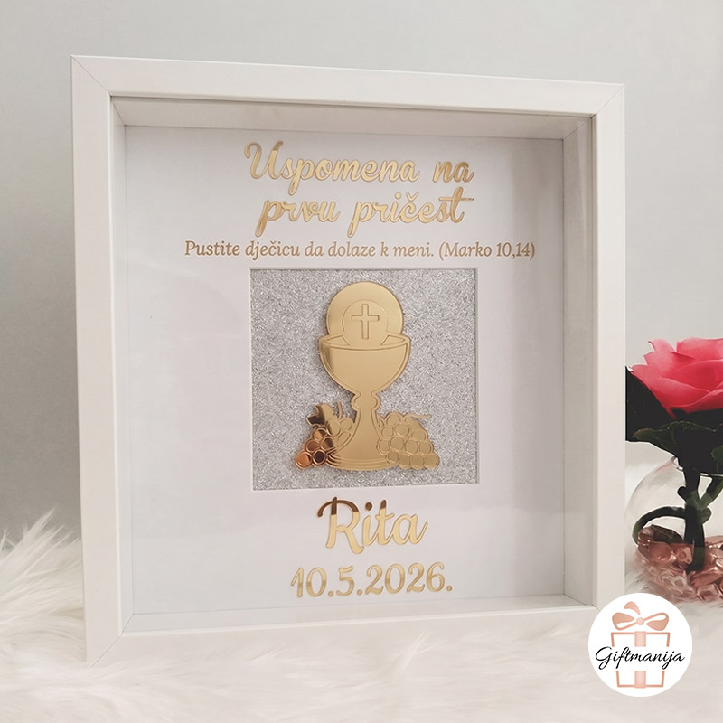 Personalizirani 3D okvir za prvu pričest s imenom Rita, datumom 10.5.2026., zlatnim laserom rezanim kaležom, srebrnim šljokicama i biblijskim citatom (Marko 10,14)