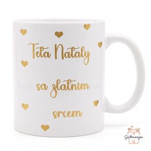 Personalizirana šalica za tetu u vrtiću s imenom po želji i motivom zlatnog srca.