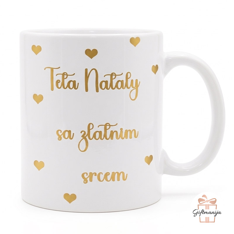 Personalizirana šalica za tetu u vrtiću s imenom po želji i motivom zlatnog srca.